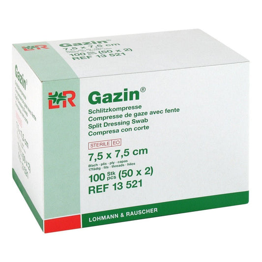 Das Produktfoto zeigt Gazin Schlitzkompressen 7,5x7,5 Cm Steril 8fach (50X2 stk) PZN 01511731