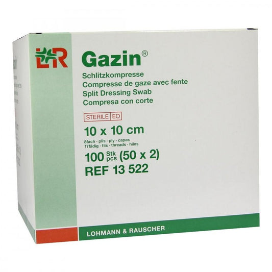 Das Produktfoto zeigt Gazin Schlitzkompressen 10x10 Cm Steril 8fach (50X2 stk) PZN 01511748