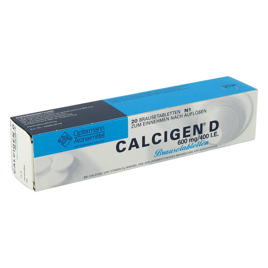 Das Produktfoto zeigt Calcigen D 600 Mg/400 I.E. Brausetabletten (20 stk) PZN 01518704