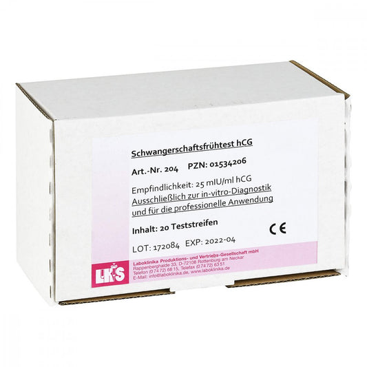 Das Produktfoto zeigt Schwangerschafts-Frühtest Hcg Teststreifen Urin (20 stk) PZN 01534206