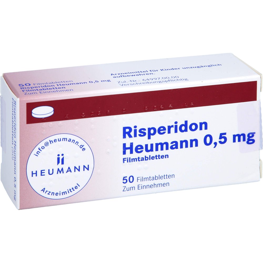 Das Produktfoto zeigt Risperidon Heumann 0,5 Mg Filmtabletten (50 stk) PZN 01551512