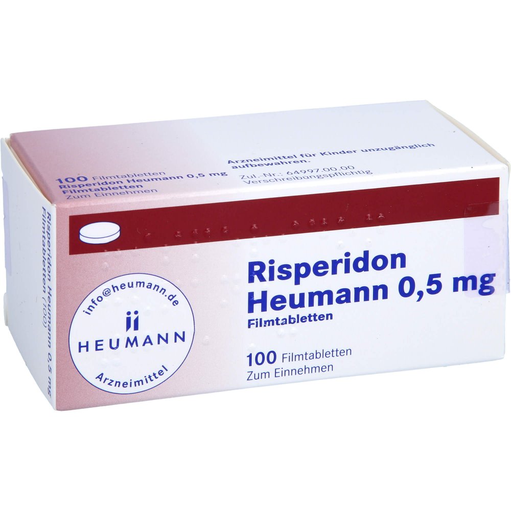Das Produktfoto zeigt Risperidon Heumann 0,5 Mg Filmtabletten (100 stk) PZN 01551535