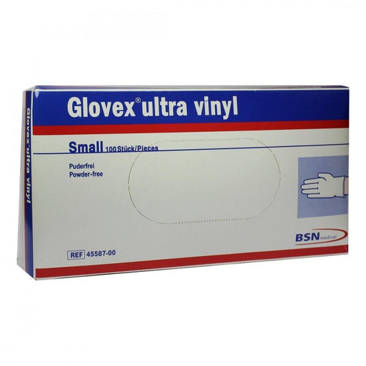 Das Produktfoto zeigt Glovex Ultra Vinyl Handschuhe Klein (100 stk) PZN 01553356