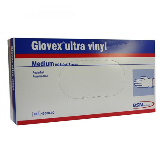 Das Produktfoto zeigt Glovex Ultra Vinyl Handschuhe Mittel (100 stk) PZN 01553379