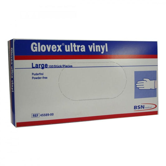 Das Produktfoto zeigt Glovex Ultra Vinyl Handschuhe Groß (100 stk) PZN 01553385