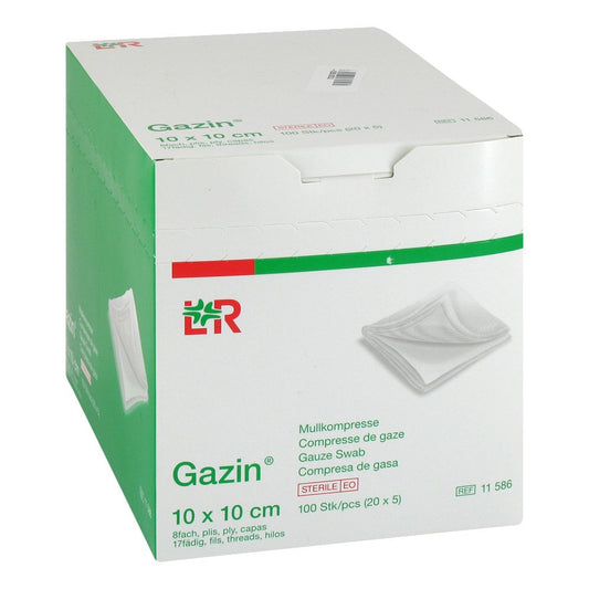 Das Produktfoto zeigt Gazin Mullkomp.10x10 Cm Steril 8fach (20X5 stk) PZN 01561031