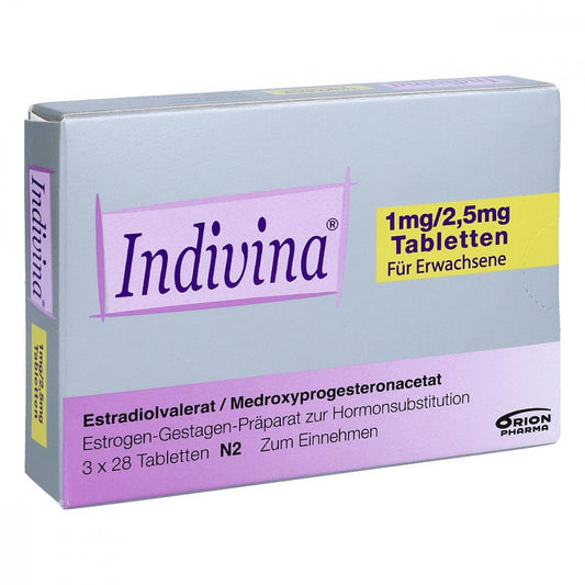 Das Produktfoto zeigt Indivina 1 Mg/2,5 Mg Tabletten (3X28 stk) PZN 01561284