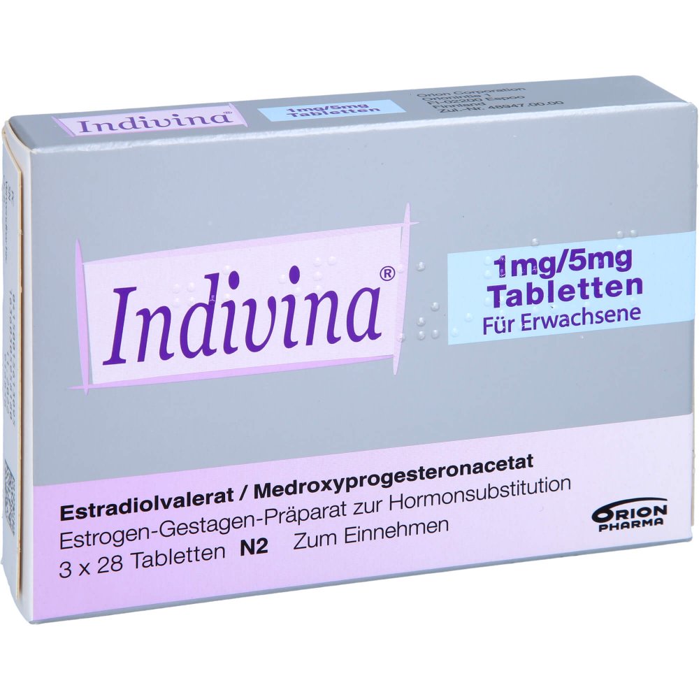 Das Produktfoto zeigt Indivina 1 Mg/5 Mg Tabletten (3X28 stk) PZN 01561309