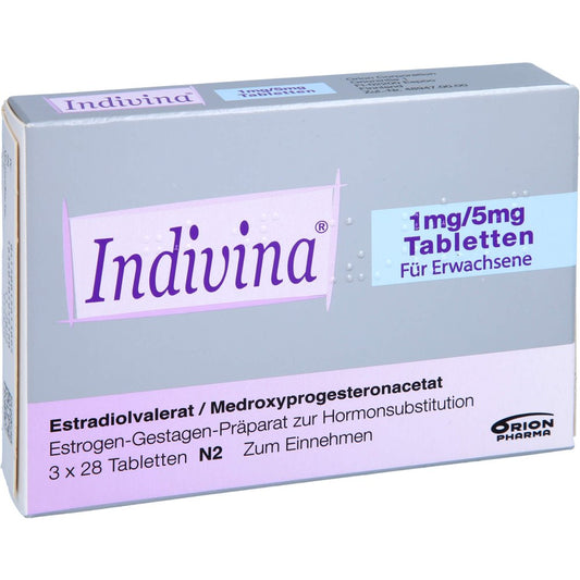 Das Produktfoto zeigt Indivina 1 Mg/5 Mg Tabletten (3X28 stk) PZN 01561309