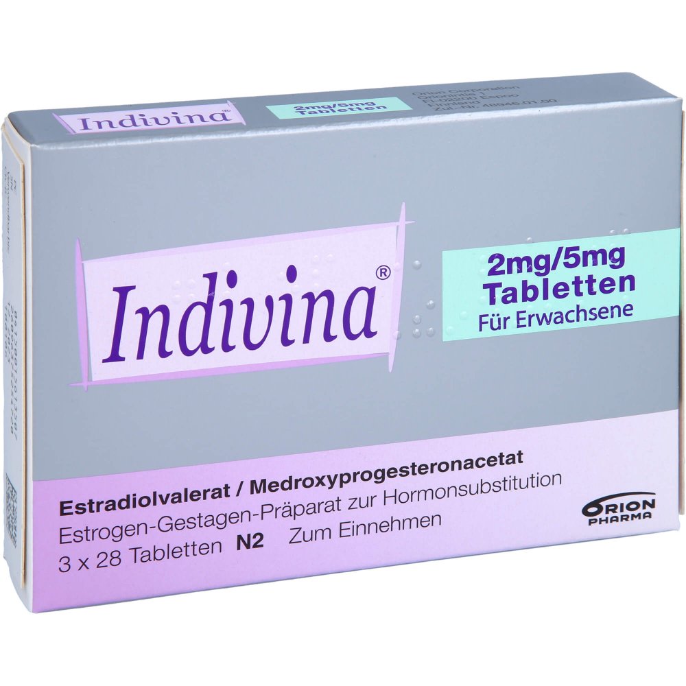 Das Produktfoto zeigt Indivina 2 Mg/5 Mg Tabletten (3X28 stk) PZN 01561350