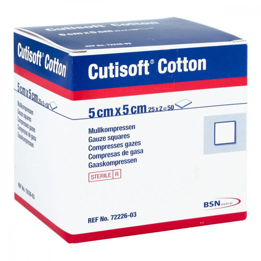 Das Produktfoto zeigt Cutisoft Cotton Kompr.5x5 Cm Steril (25X2 stk) PZN 01563389
