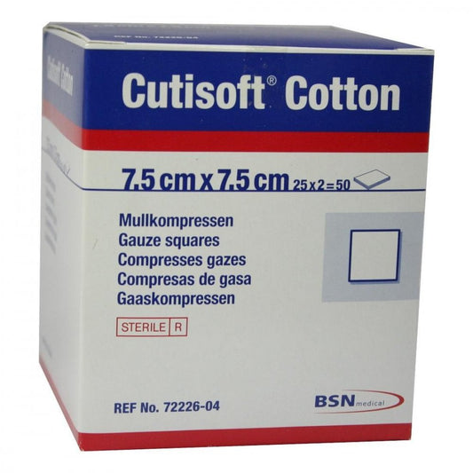 Das Produktfoto zeigt Cutisoft Cotton Kompr.7,5x7,5 Cm Steril (25X2 stk) PZN 01563395