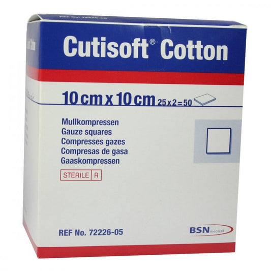 Das Produktfoto zeigt Cutisoft Cotton Kompr.10x10 Cm Steril (25X2 stk) PZN 01563403