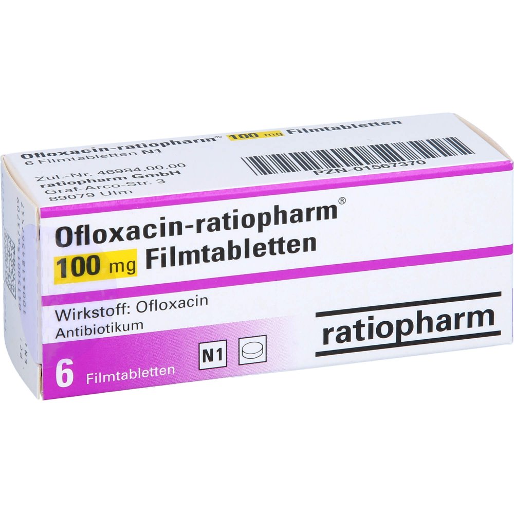 Das Produktfoto zeigt Ofloxacin-Ratiopharm 100 Mg Filmtabletten (6 stk) PZN 01567370