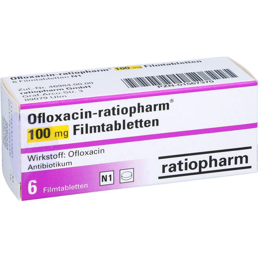Das Produktfoto zeigt Ofloxacin-Ratiopharm 100 Mg Filmtabletten (6 stk) PZN 01567370