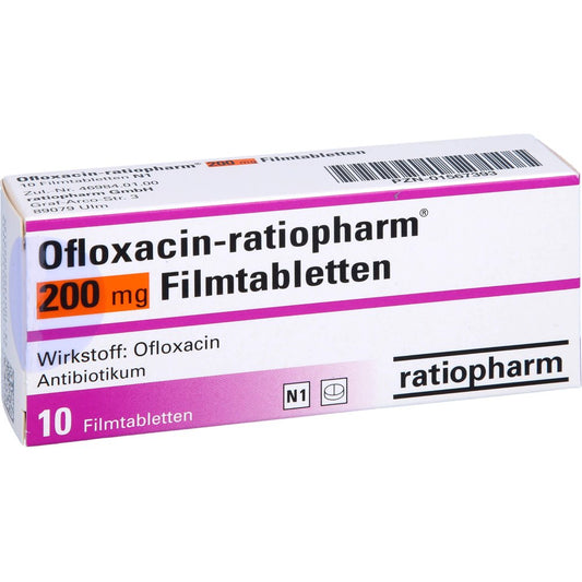 Das Produktfoto zeigt Ofloxacin-Ratiopharm 200 Mg Filmtabletten (10 stk) PZN 01567393