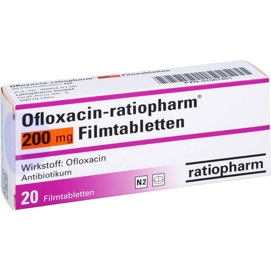 Das Produktfoto zeigt Ofloxacin-Ratiopharm 200 Mg Filmtabletten (20 stk) PZN 01567401