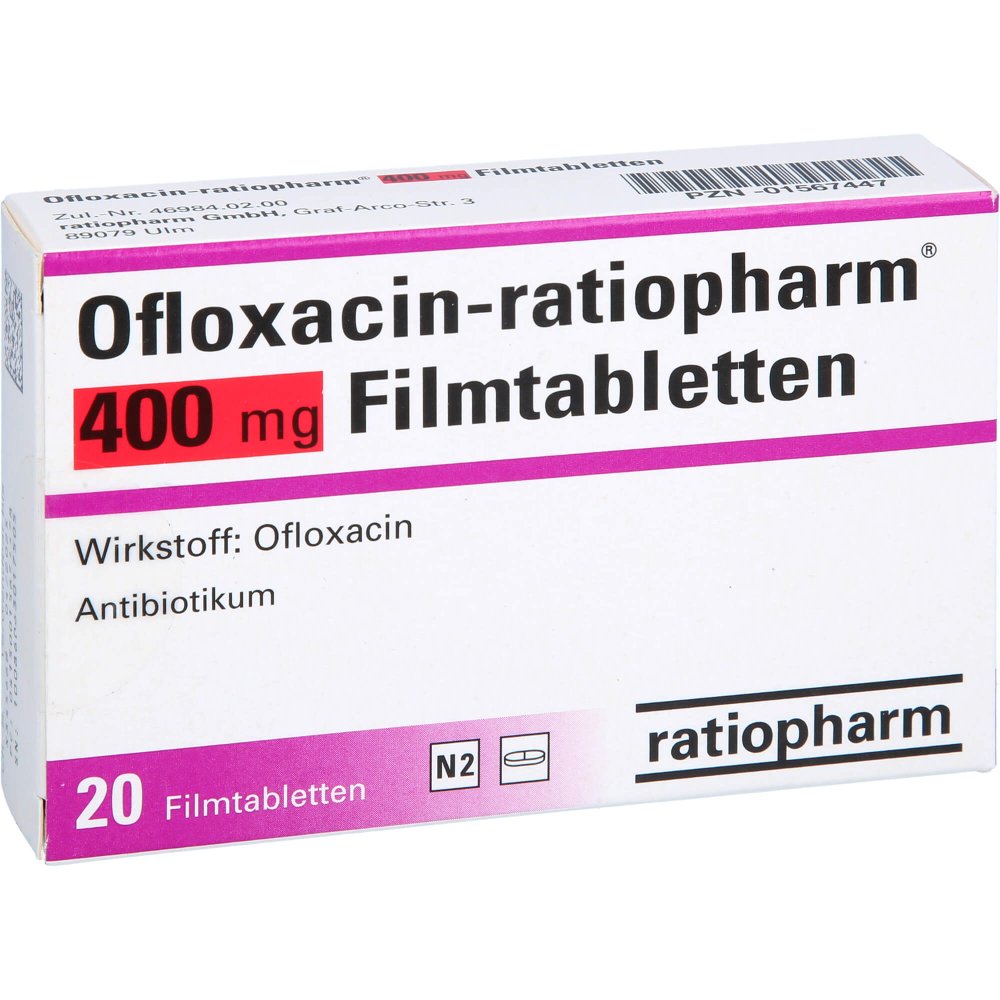 Das Produktfoto zeigt Ofloxacin-Ratiopharm 400 Mg Filmtabletten (20 stk) PZN 01567447