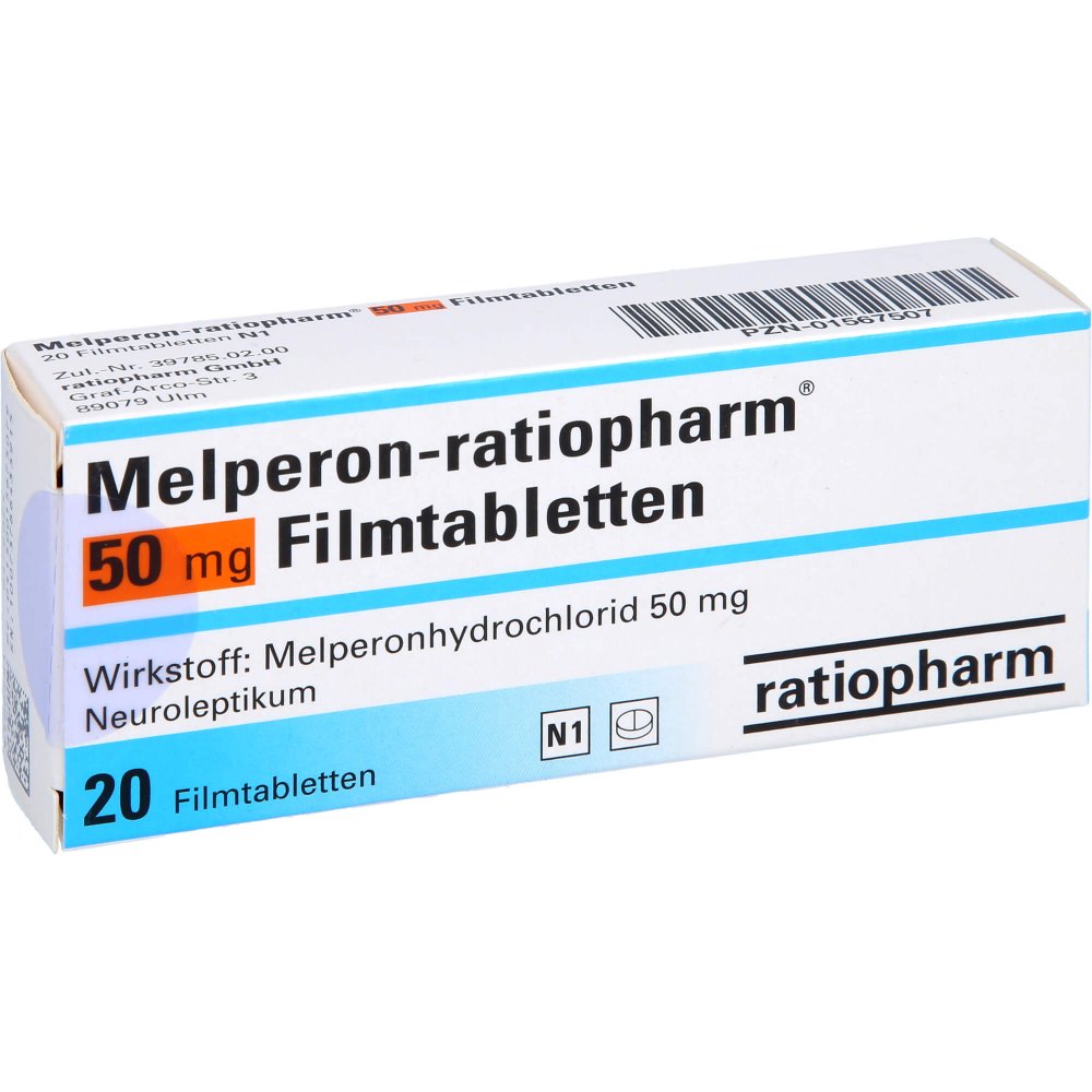 Das Produktfoto zeigt Melperon-Ratiopharm 50 Mg Filmtabletten (20 stk) PZN 01567507