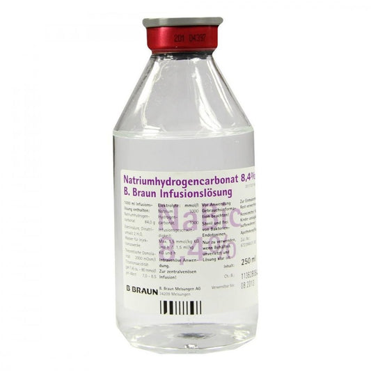 Das Produktfoto zeigt Natriumhydrogencarbonat B.Braun 8,4% Glas (250 ml) PZN 01579775