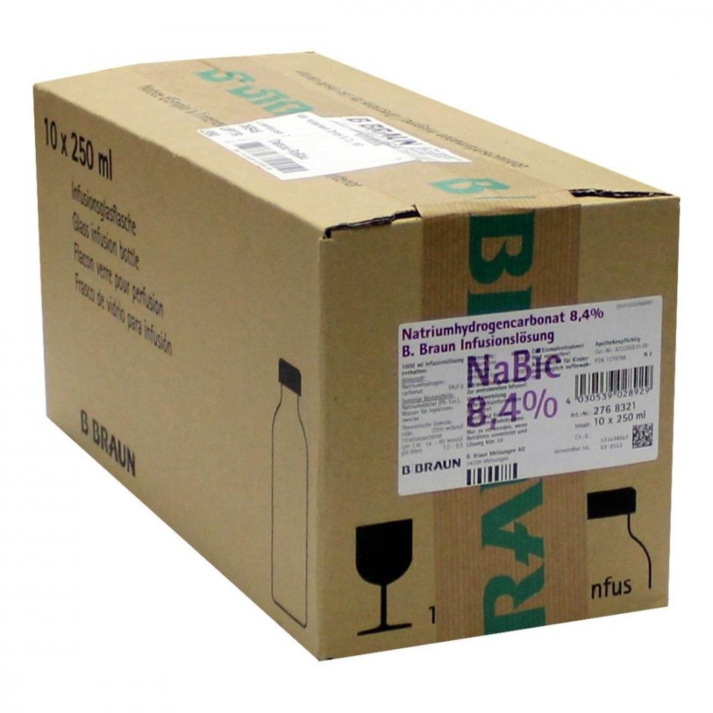 Das Produktfoto zeigt Natriumhydrogencarbonat B.Braun 8,4% Glas (10X250 ml) PZN 01579798
