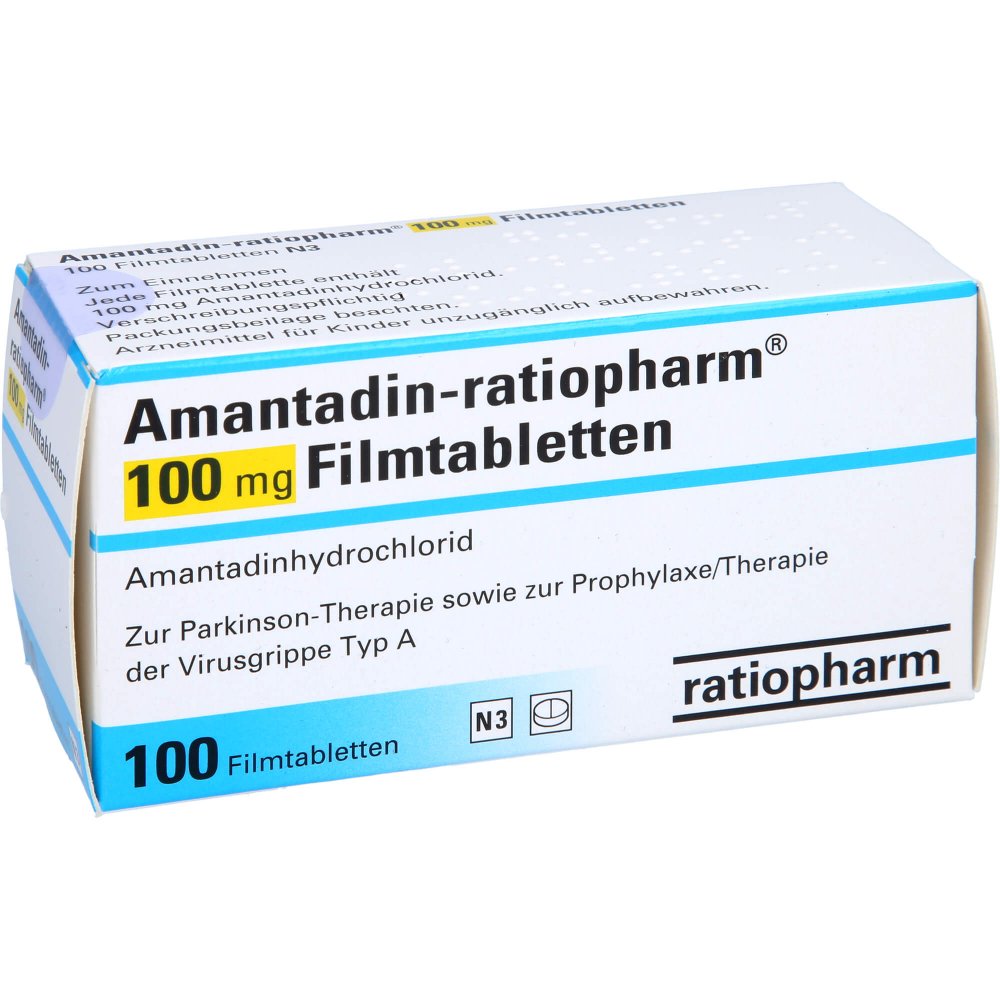 Das Produktfoto zeigt Amantadin-Ratiopharm 100 Mg Filmtabletten (100 stk) PZN 01585882