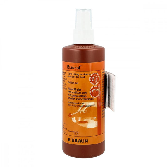 Das Produktfoto zeigt Braunol Schleimhautantiseptikum (250 ml) PZN 01588685