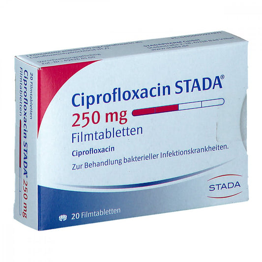 Das Produktfoto zeigt Ciprofloxacin Stada 250 Mg Filmtabletten (20 stk) PZN 01592787