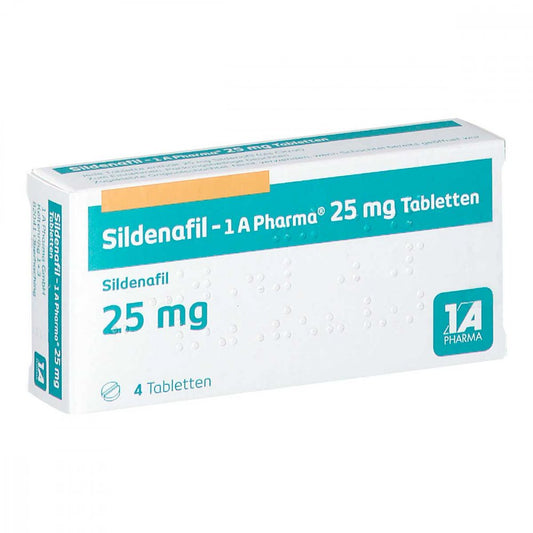 Das Produktfoto zeigt Sildenafil-1a Pharma 25 Mg Tabletten (4 stk) PZN 01620756