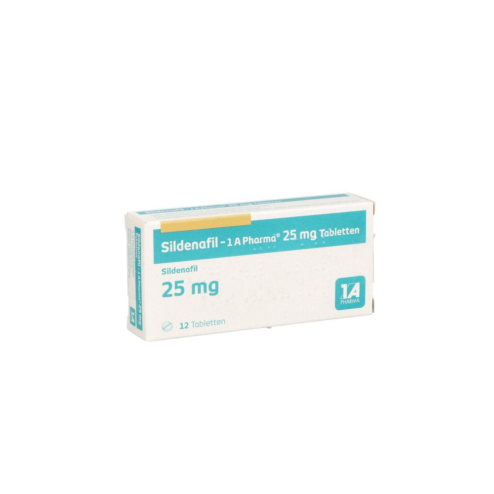 Das Produktfoto zeigt Sildenafil-1a Pharma 25 Mg Tabletten (12 stk) PZN 01620762