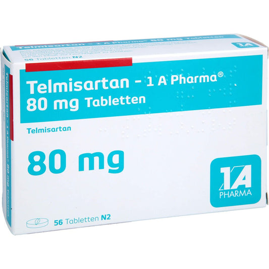 Das Produktfoto zeigt Telmisartan-1a Pharma 80 Mg Tabletten (56 stk) PZN 01621307