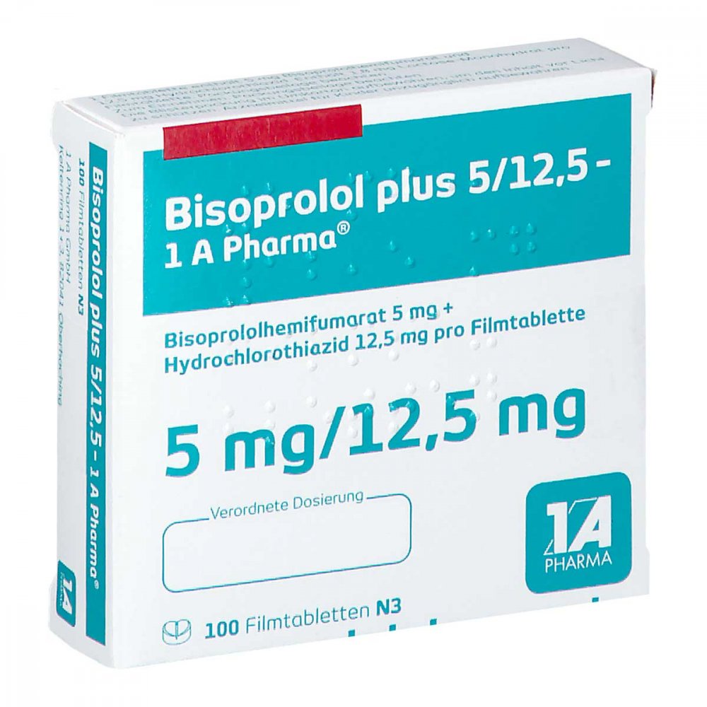 Das Produktfoto zeigt Bisoprolol Plus 5/12,5-1a Pharma Filmtabletten (100 stk) PZN 01622873