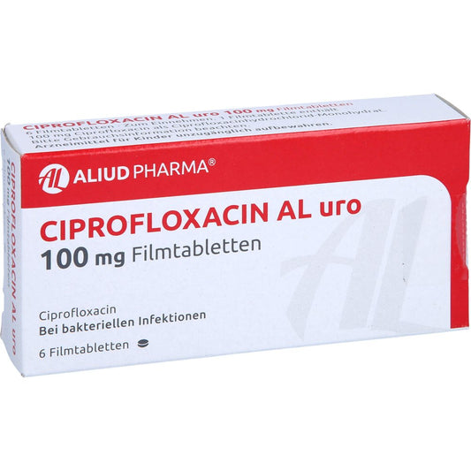 Das Produktfoto zeigt Ciprofloxacin Al Uro 100 Mg Filmtabletten (6 stk) PZN 01626598