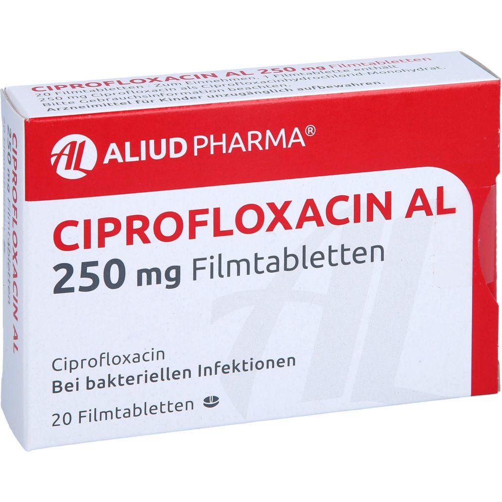 Das Produktfoto zeigt Ciprofloxacin Al 250 Mg Filmtabletten (20 stk) PZN 01626629