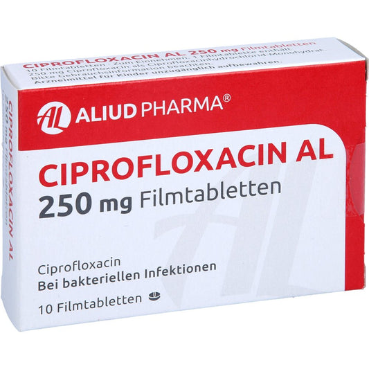 Das Produktfoto zeigt Ciprofloxacin Al 250 Mg Filmtabletten (10 stk) PZN 01626641