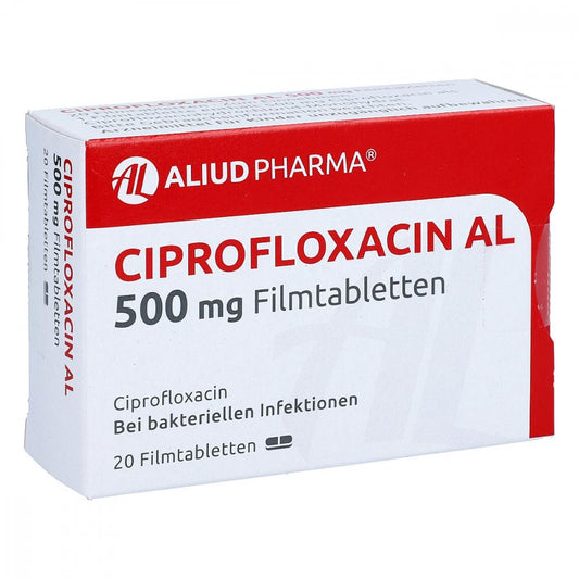 Das Produktfoto zeigt Ciprofloxacin Al 500 Mg Filmtabletten (20 stk) PZN 01626664