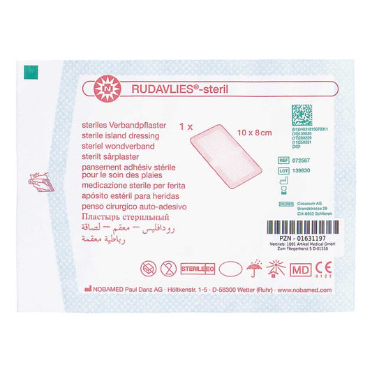 Das Produktfoto zeigt Rudavlies-Steril Verbandpflaster8x10 Cm (1 stk) PZN 01631197