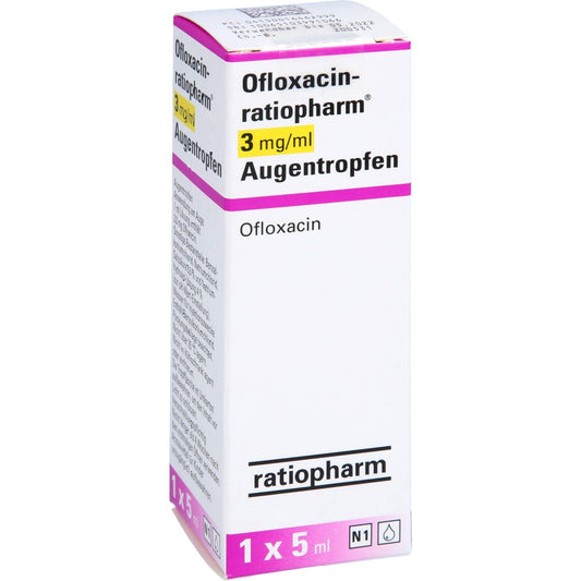 Das Produktfoto zeigt Ofloxacin-Ratiopharm 3 Mg/Ml Augentropfen (1X5 ml) PZN 01646299