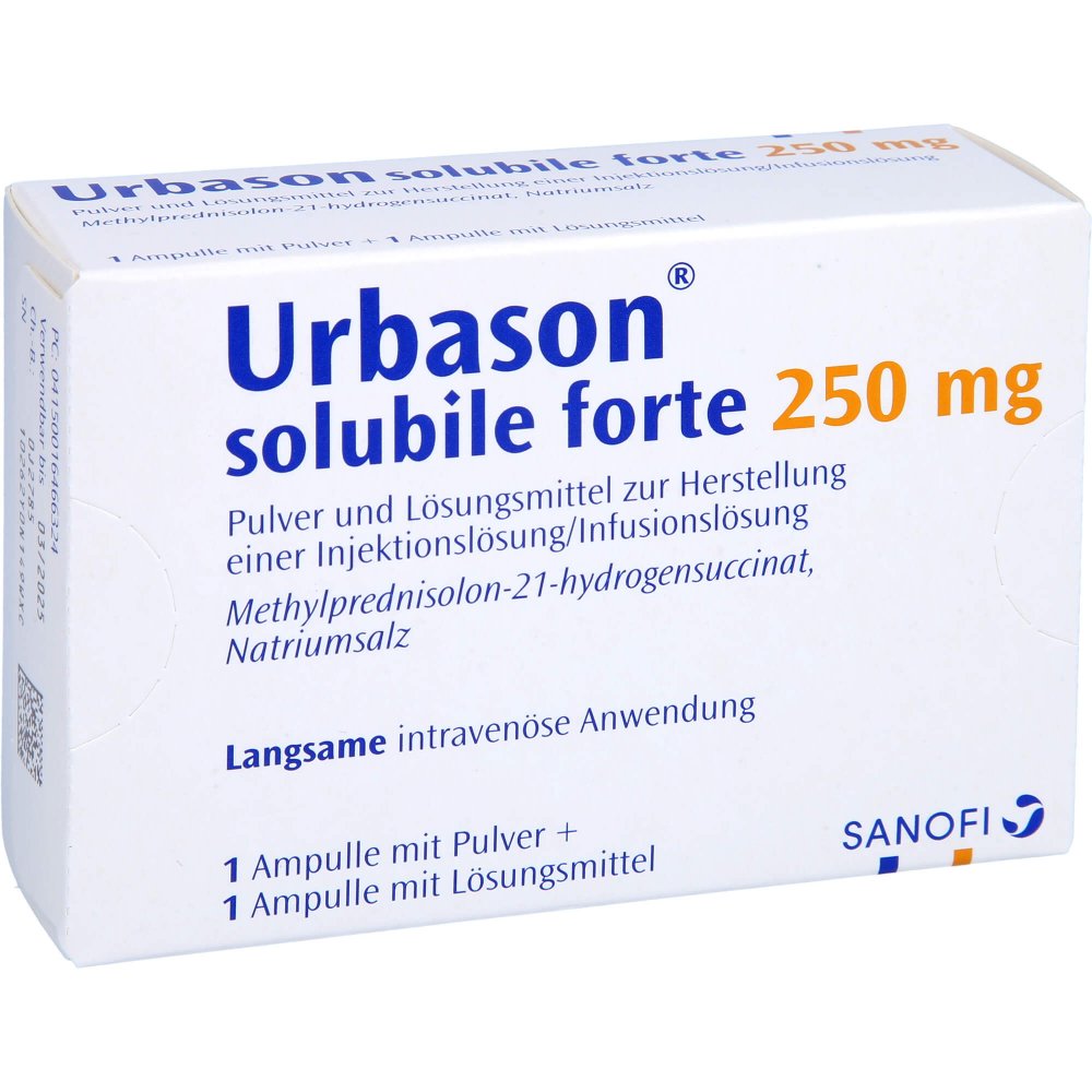 Das Produktfoto zeigt Urbason Solubile Forte 250 Mg P.U.Lm H.Inj/Inf.L. (1 stk) PZN 01646632