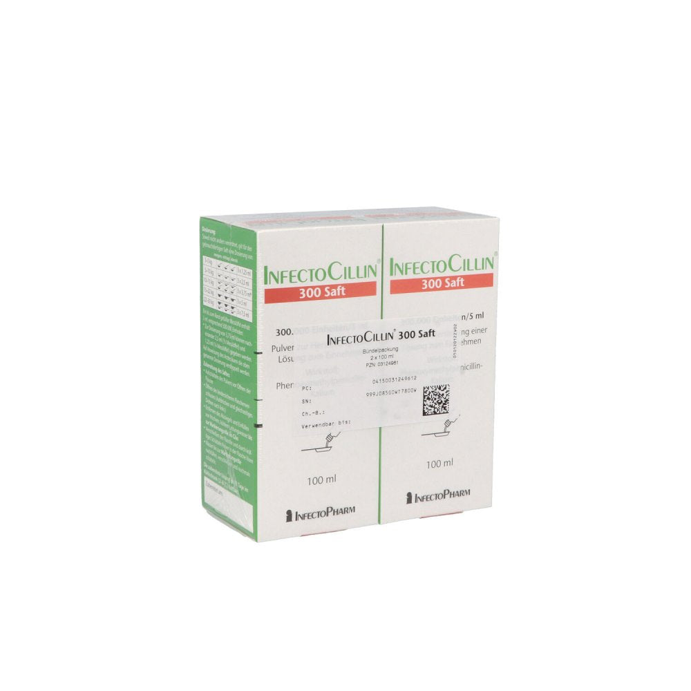 Das Produktfoto zeigt Infectocillin 300 Saft Trockensaft (100 ml) PZN 01658374