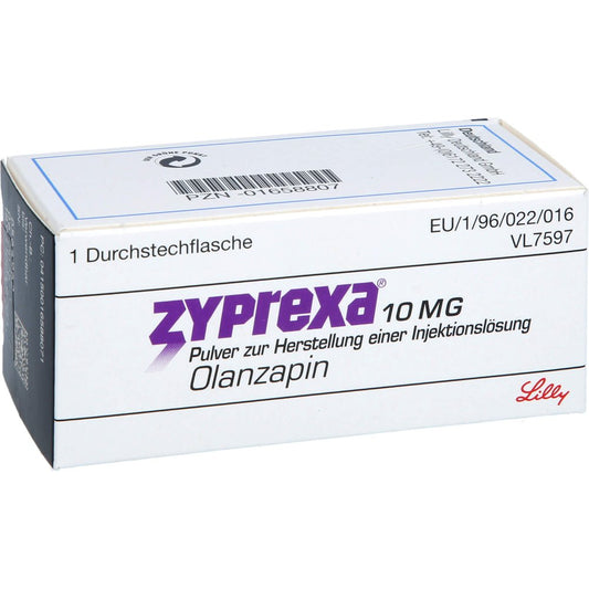 Das Produktfoto zeigt Zyprexa 10 Mg Pulver Z.Her.E.Injektionslösung I.M. (1 stk) PZN 01658807