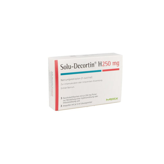 Das Produktfoto zeigt Solu-Decortin H 250 Mg Plv.U.Lm Z.H.E.Inj./Inf.L. (3 stk) PZN 01659089