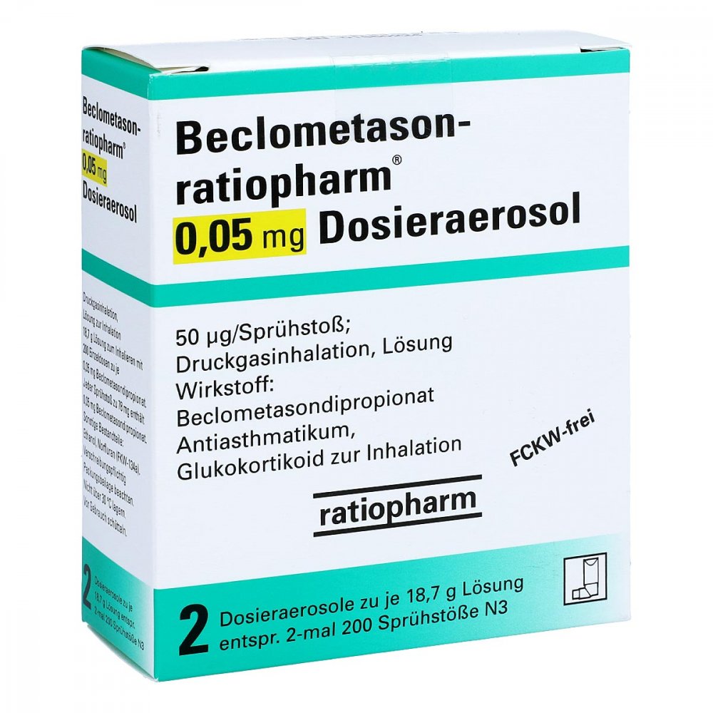 Das Produktfoto zeigt Beclometason-Ratiopharm 0,05mg Dosieraer.2x200 Hub (2 stk) PZN 01660224