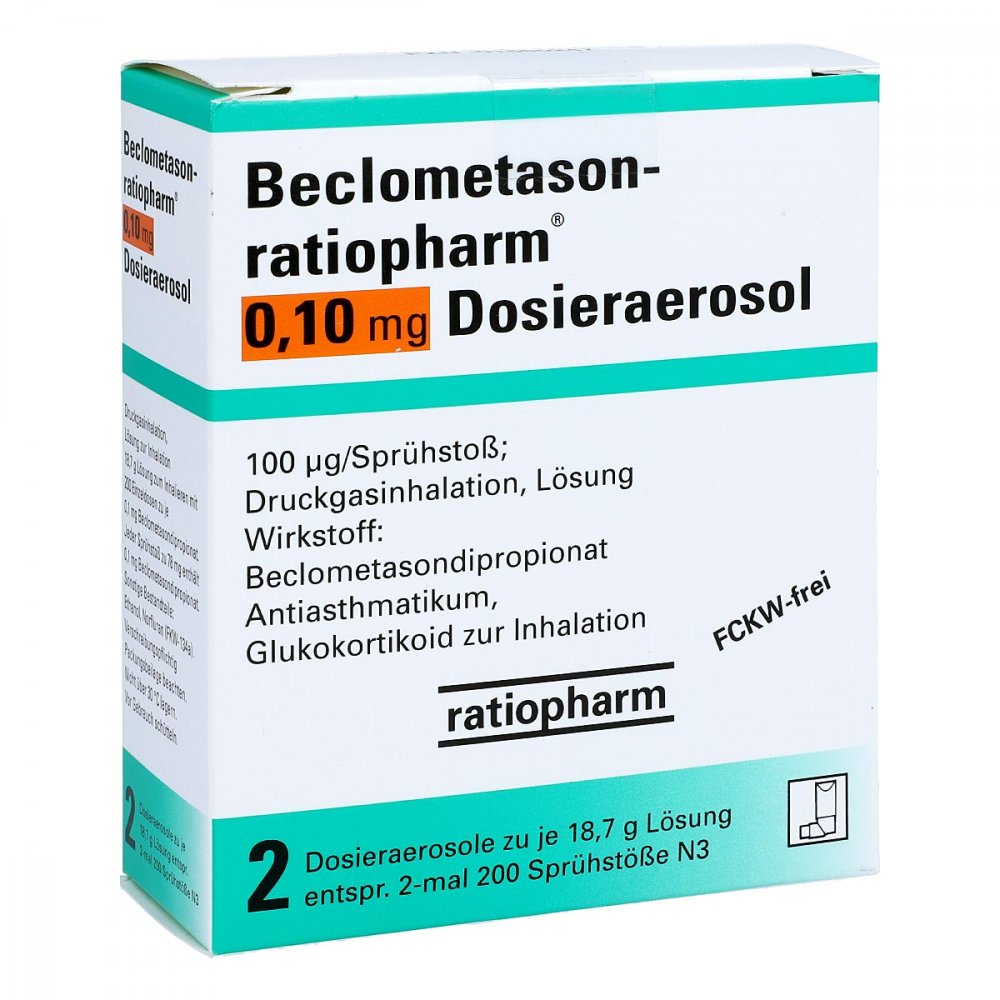 Das Produktfoto zeigt Beclometason-Ratiopharm 0,10mg Dosieraer.2x200 Hub (2 stk) PZN 01660247