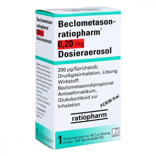 Das Produktfoto zeigt Beclometason-Ratiopharm 0,20mg Dosieraer.200 Hub (1 stk) PZN 01660253