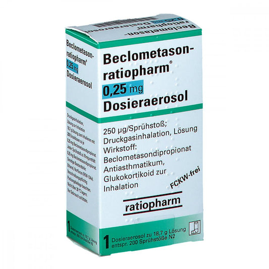 Das Produktfoto zeigt Beclometason-Ratiopharm 0,25mg Dosieraer.200 Hub (1 stk) PZN 01660307