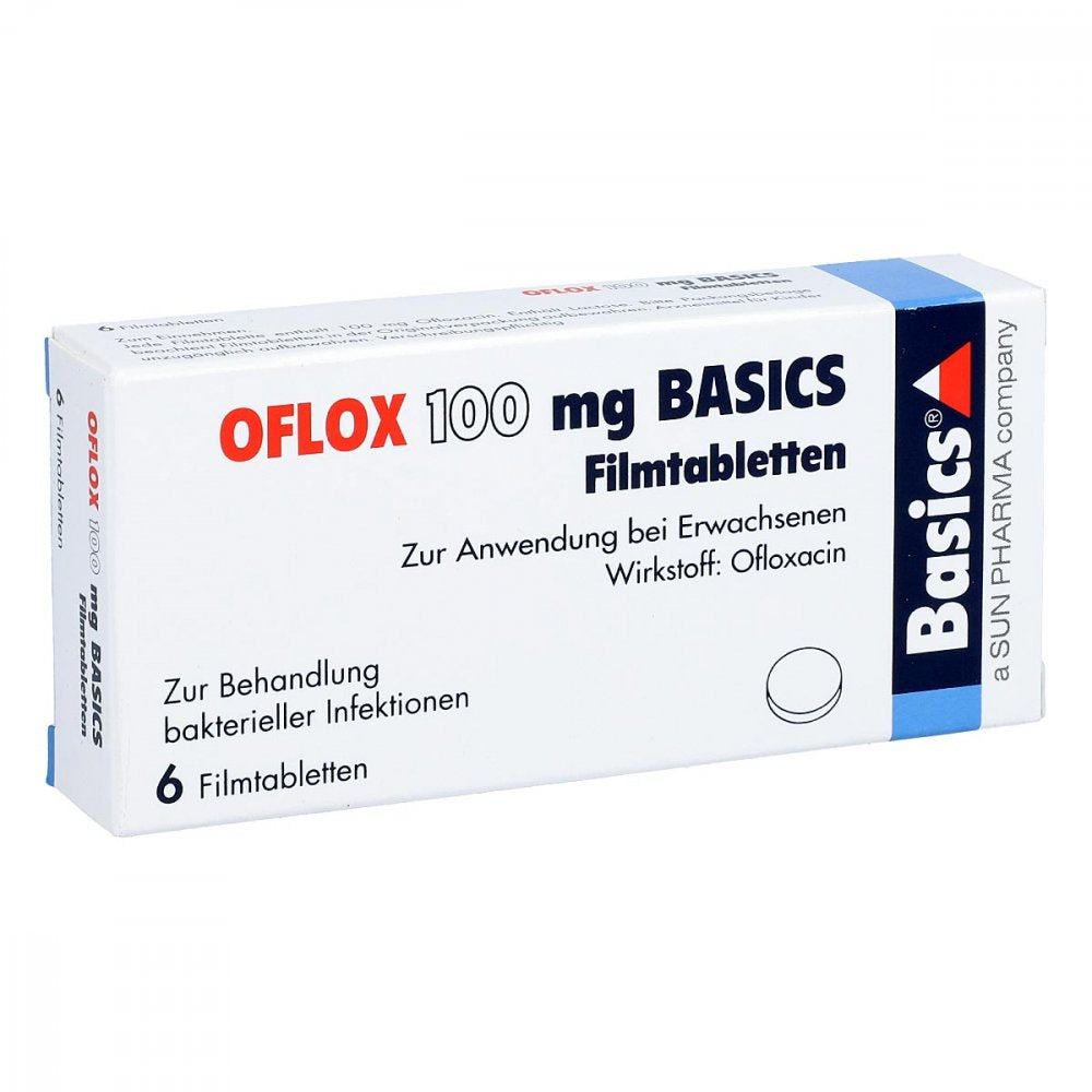 Das Produktfoto zeigt Oflox 100 Mg Basics Filmtabletten (6 stk) PZN 01661689