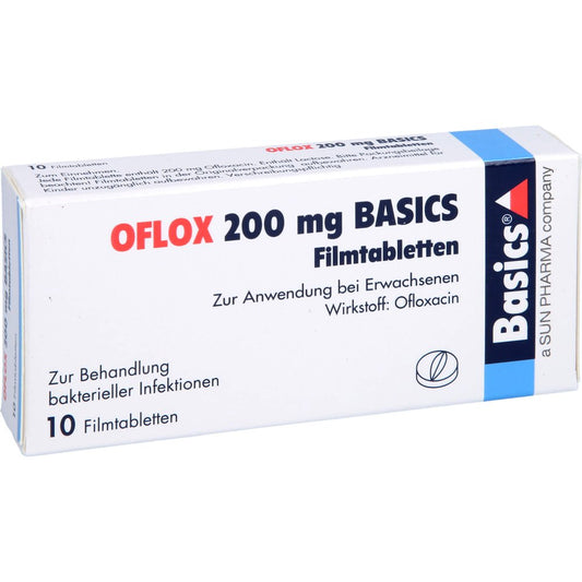 Das Produktfoto zeigt Oflox 200 Mg Basics Filmtabletten (10 stk) PZN 01661703