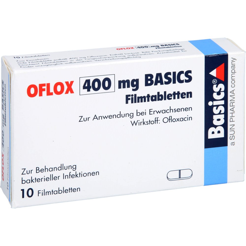 Das Produktfoto zeigt Oflox 400 Mg Basics Filmtabletten (10 stk) PZN 01661749