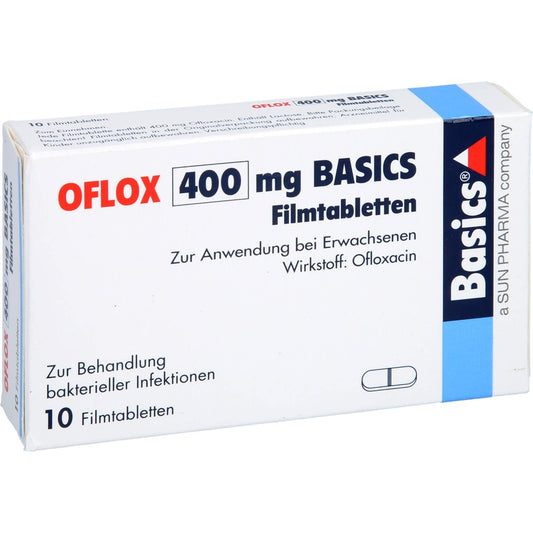 Das Produktfoto zeigt Oflox 400 Mg Basics Filmtabletten (10 stk) PZN 01661749